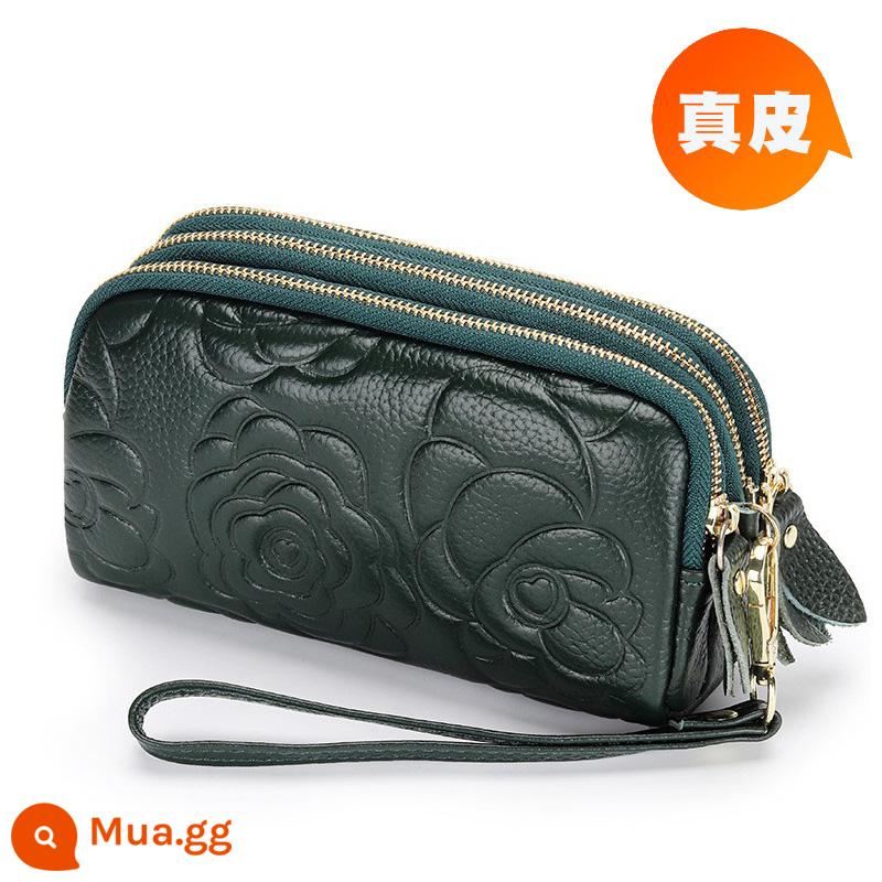 Ví nữ dây kéo 3 lớp da thật ví nữ dáng dài Clutch dung tích lớn Túi nhỏ đựng được điện thoại Lớp trên cùng da bò mềm - Hoa trà xanh đậm, dây kéo vàng nhạt, dài vừa phải