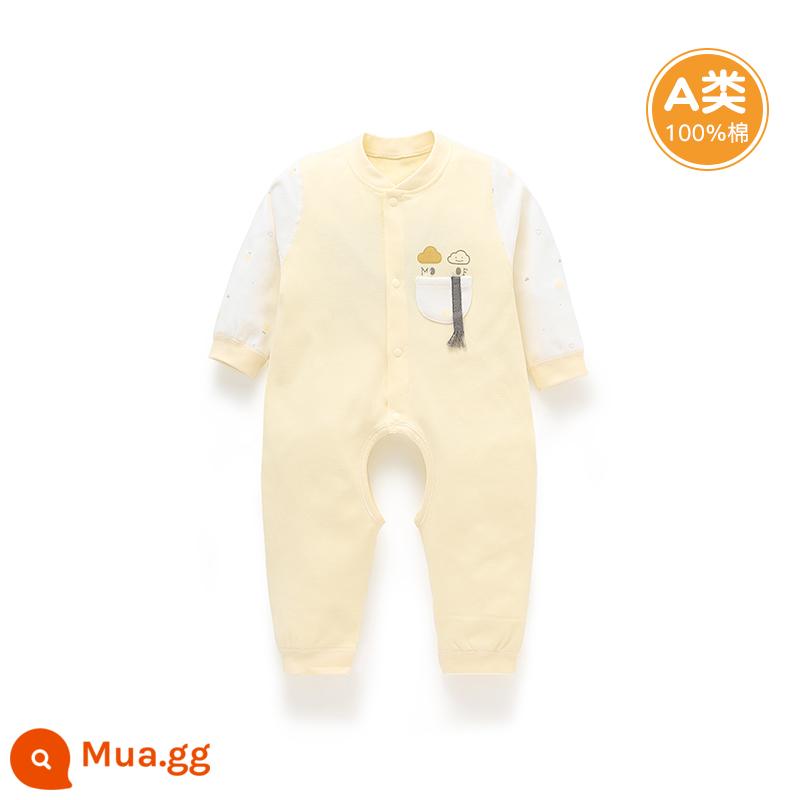 Quần áo cotton nguyên chất cho bé sơ sinh, áo liền quần có dây buộc mùa xuân thu, bé sơ sinh 0 đến 3 tháng đầy tháng, quần áo mùa xuân cho bé nam và nữ - A0951 màu vàng