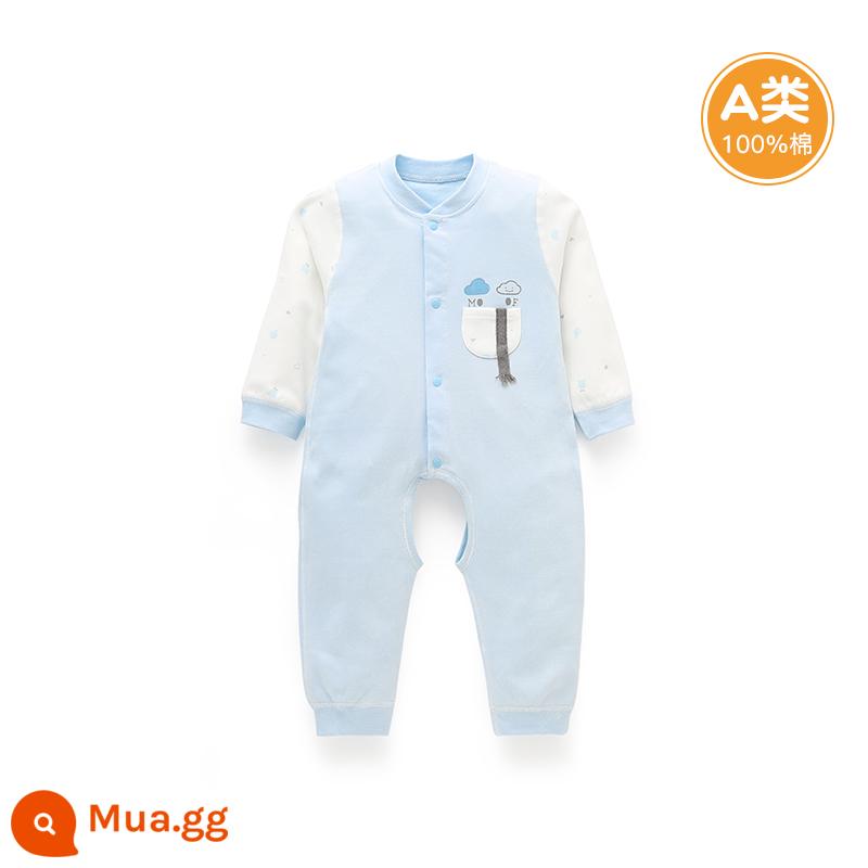 Quần áo cotton nguyên chất cho bé sơ sinh, áo liền quần có dây buộc mùa xuân thu, bé sơ sinh 0 đến 3 tháng đầy tháng, quần áo mùa xuân cho bé nam và nữ - A0951 màu xanh