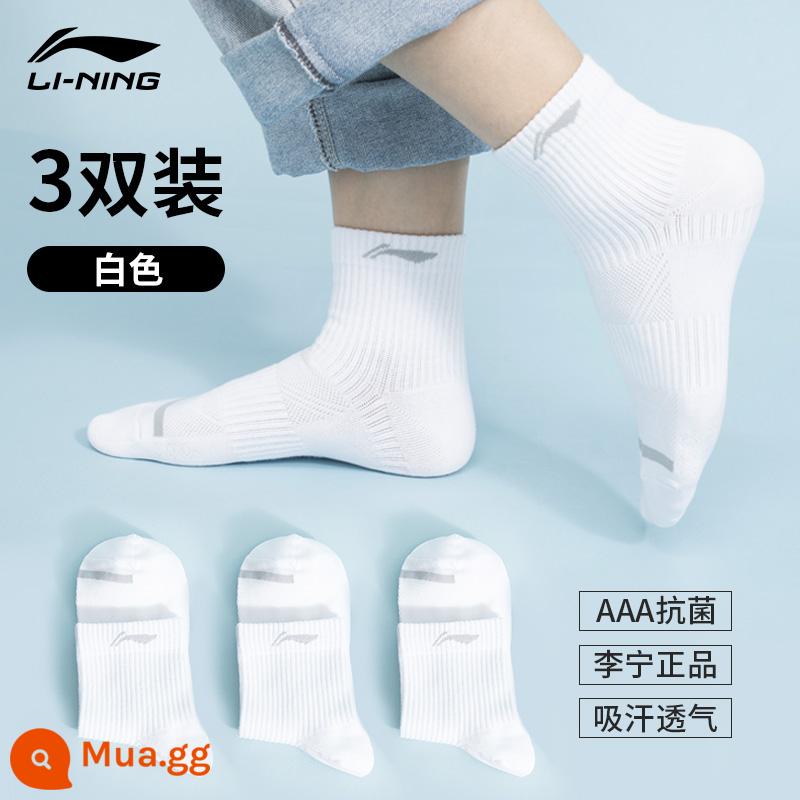 Vớ thể thao Li Ning chính hãng dành cho nam tập luyện thể hình chuyên nghiệp vớ cotton nguyên chất ở ống giữa thấm hút mồ hôi vớ chạy bộ thoáng khí cho nữ - Mẫu thun thể thao-3 đôi màu trắng