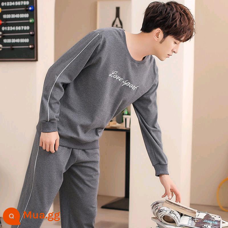 Bộ đồ ngủ nam Zhengqin dài tay mùa xuân và mùa thu cotton nguyên chất thanh niên cotton nguyên chất đơn giản cho nam giới mặc nhà mùa thu đông - 75402 màu xám đậm