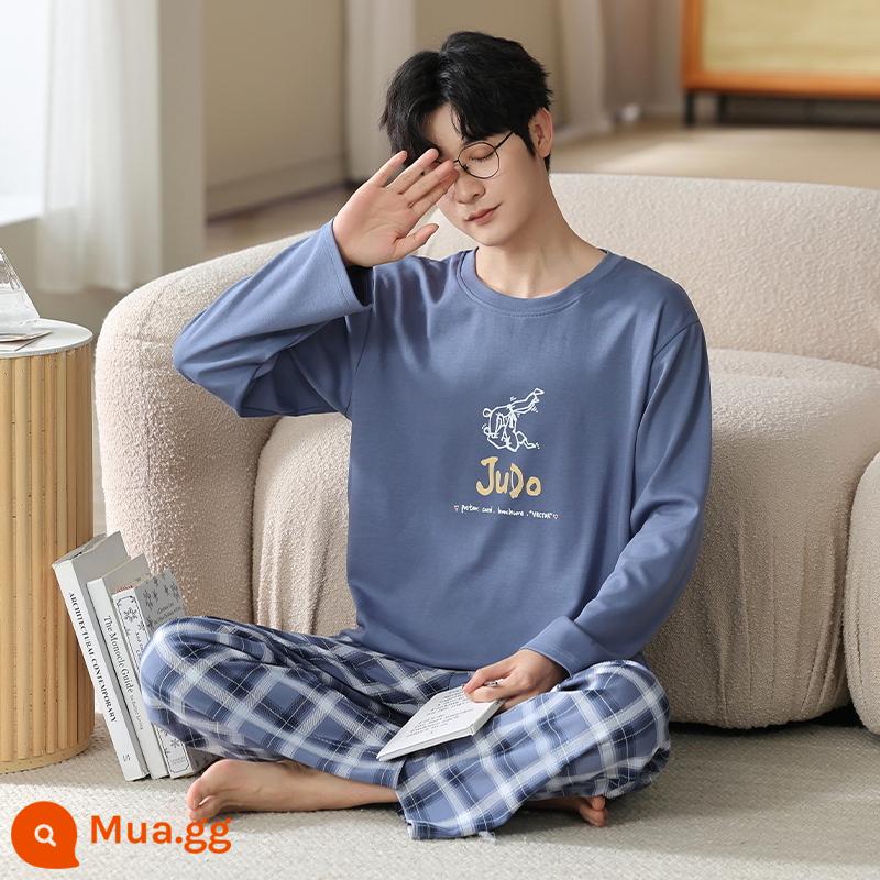 Bộ đồ ngủ nam Zhengqin dài tay mùa xuân và mùa thu cotton nguyên chất thanh niên cotton nguyên chất đơn giản cho nam giới mặc nhà mùa thu đông - 9513 Lange