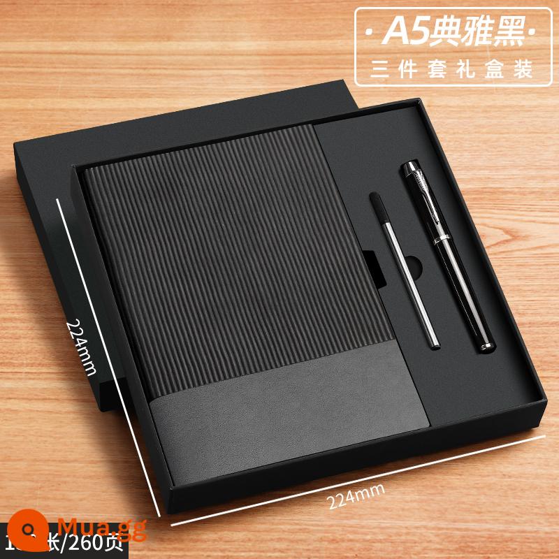 A6 máy tính xách tay cuốn sách nhỏ di động nhỏ mini xách tay bỏ túi văn phòng kinh doanh làm việc notepad cuốn sách nhỏ ghi nhớ cuộc họp cuốn sách tùy chỉnh có thể in logo - A5-Elegant Black (130 ảnh) bộ 3 món (bút ký + ruột bút)