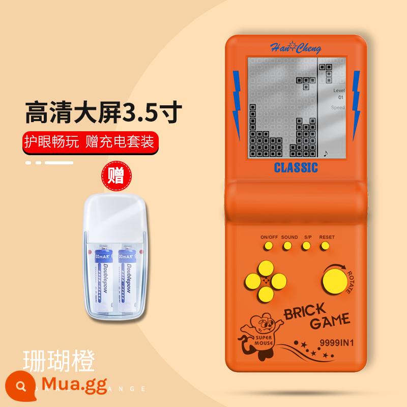 Máy chơi game Tetris mới phủ lòng bàn tay trẻ em cổ xưa nỗi nhớ di động cầm tay trường tiểu học khối lập phương thời thơ ấu có thể sạc lại máy chơi game cổ điển đồ chơi giáo dục giải nén hiện vật kiểu cũ mini nhỏ - "Màn hình 3,5 inch độ phân giải cao, bảo vệ mắt và giảm căng thẳng" [Cam san hô] Bộ pin sạc miễn phí