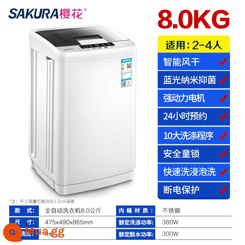 Máy giặt hoàn toàn tự động Sakura 8KG 7.5KG lồng giặt gia đình ký túc xá nhỏ em bé và trẻ nhỏ sấy công suất lớn - 8,0kg Sấy không khí thông minh và khử trùng bằng ánh sáng xanh