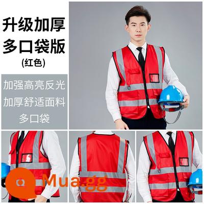 Quần áo phản quang vest vest công trình đường bộ xây dựng an toàn giao thông quần áo phản quang công nhân vệ sinh in ấn miễn phí vào ban đêm - Mẫu nhiều túi dày được nâng cấp màu đỏ