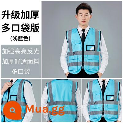 Quần áo phản quang vest vest công trình đường bộ xây dựng an toàn giao thông quần áo phản quang công nhân vệ sinh in ấn miễn phí vào ban đêm - Mẫu nhiều túi dày được nâng cấp màu xanh nhạt