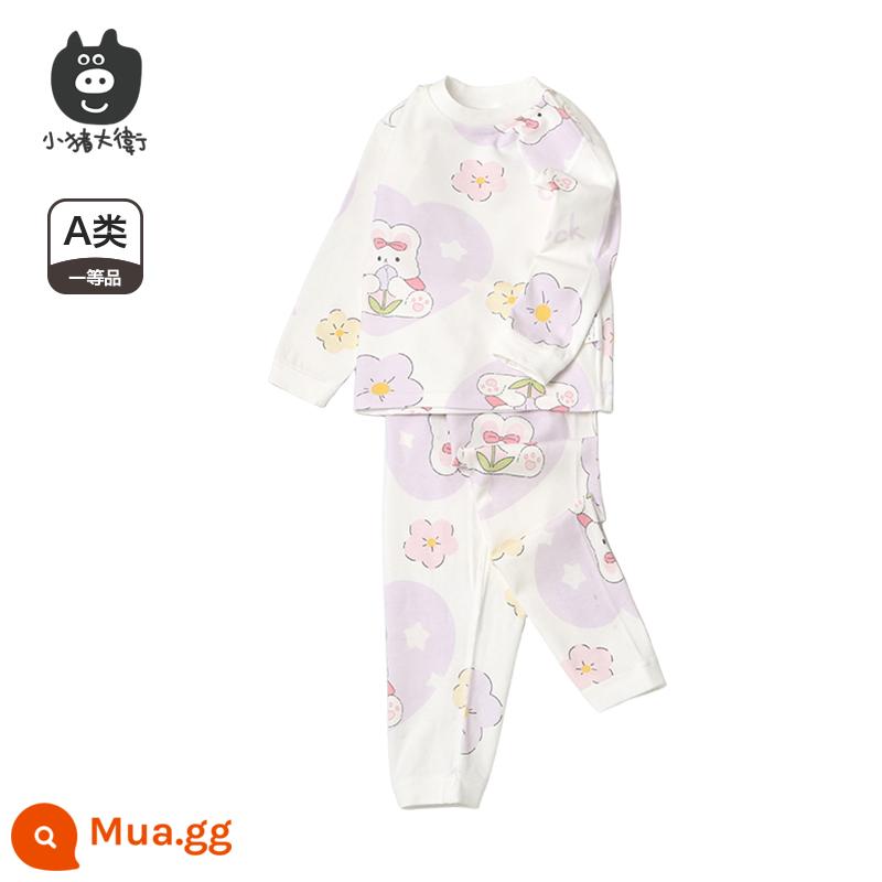 Bộ Đồ Lót Cotton Trẻ Em Piggy David Bộ Đồ Lót Cotton Bé Trai Và Bé Gái Cổ Tròn Dài Tay Quần Áo Mùa Xuân Và Quần Mùa Xuân Bộ 2 Món 2 Món - Chú thỏ tình yêu màu tím [cổ giữa]