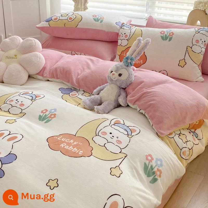 Bed Velvet Bed Velvet nhỏ Bốn bộ giường nhung Velvet Bỉ mặt bích mùa đông - Thiên đường thỏ dễ thương [Nhung sữa lụa]