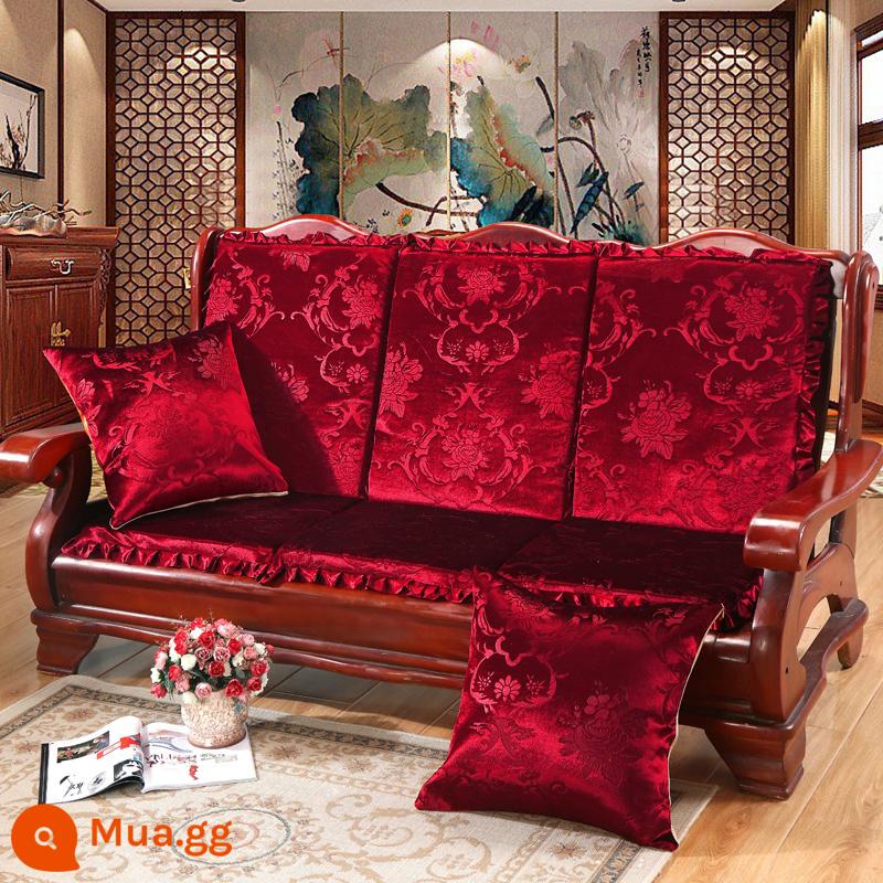 Đệm sofa gỗ đặc kết hợp chống trượt đa năng Đệm bọt biển dày ba chỗ có tựa lưng Đệm ghế gỗ kiểu cũ một mảnh - Màu trơn - đỏ (nhung vàng)