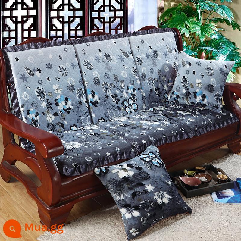 Đệm sofa gỗ đặc kết hợp chống trượt đa năng Đệm bọt biển dày ba chỗ có tựa lưng Đệm ghế gỗ kiểu cũ một mảnh - xanh hải quân