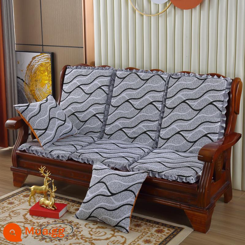 Đệm sofa gỗ đặc kết hợp chống trượt đa năng Đệm bọt biển dày ba chỗ có tựa lưng Đệm ghế gỗ kiểu cũ một mảnh - Chenille Sóng-Xám (Chenille)