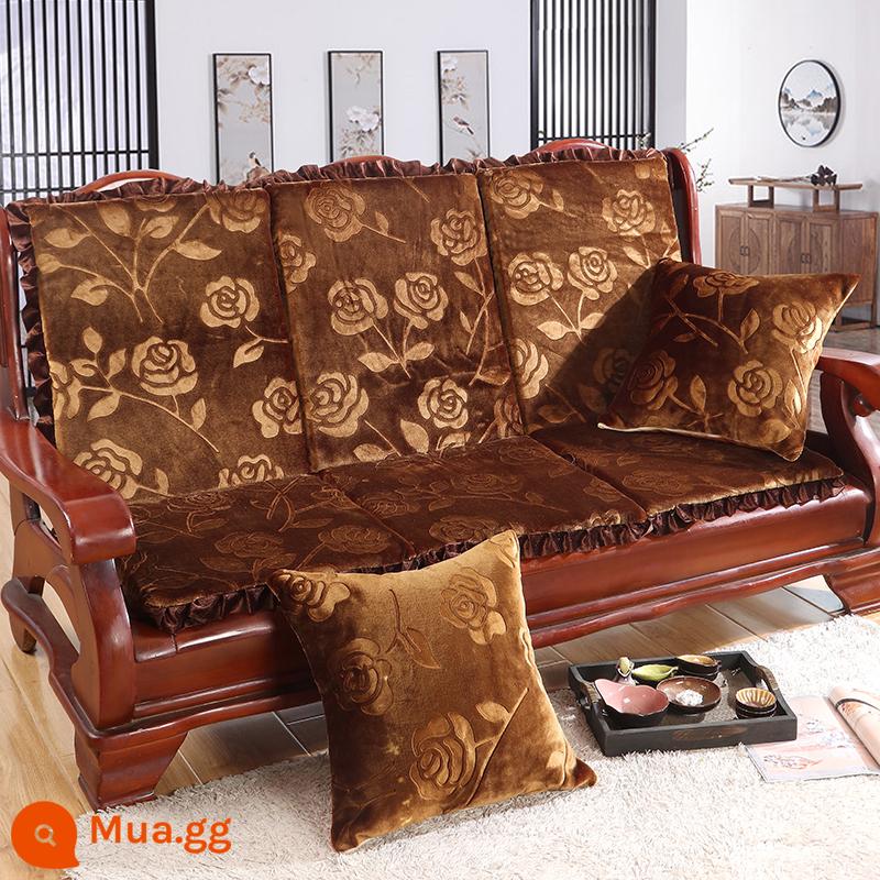 Đệm sofa gỗ đặc kết hợp chống trượt đa năng Đệm bọt biển dày ba chỗ có tựa lưng Đệm ghế gỗ kiểu cũ một mảnh - Vải kaki màu thẫm