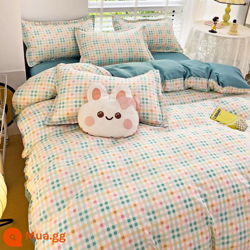 Ins Ga Giường 4 Món Bộ Ga Giường Cotton Đôi Vỏ Chăn Cotton Nguyên Chất Ký Túc Xá Sinh Viên Chăn Ga Gối 3 Miếng 4 - Mũ xanh Peacock BYS