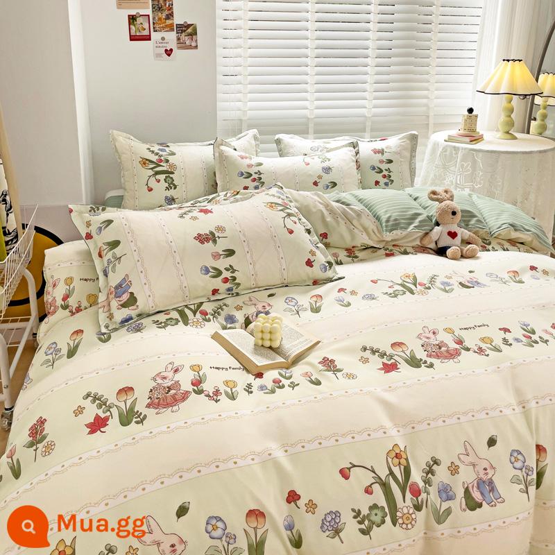 Ins Ga Giường 4 Món Bộ Ga Giường Cotton Đôi Vỏ Chăn Cotton Nguyên Chất Ký Túc Xá Sinh Viên Chăn Ga Gối 3 Miếng 4 - Vườn bách thảo Diamond Blue BYS