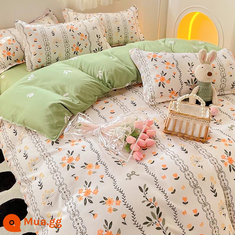 Ins Ga Giường 4 Món Bộ Ga Giường Cotton Đôi Vỏ Chăn Cotton Nguyên Chất Ký Túc Xá Sinh Viên Chăn Ga Gối 3 Miếng 4 - Màu xanh đam mê hoa biển K