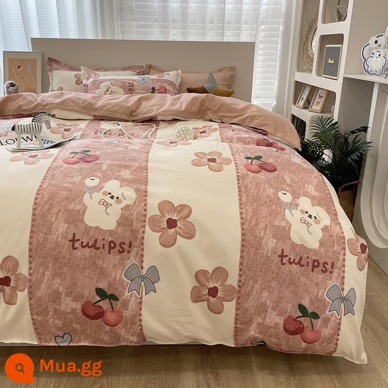 Ins Ga Giường 4 Món Bộ Ga Giường Cotton Đôi Vỏ Chăn Cotton Nguyên Chất Ký Túc Xá Sinh Viên Chăn Ga Gối 3 Miếng 4 - Tranh sơn dầu dưa hấu đỏ Bunny BYS