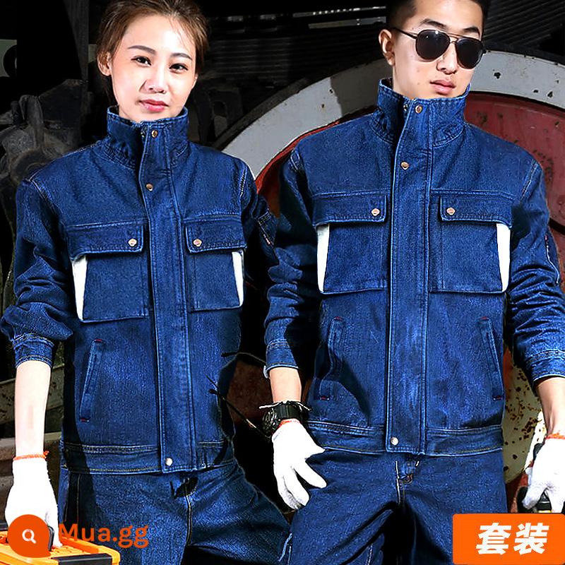 Bộ quần áo bảo hộ lao động mùa xuân thu cho nam, cotton nguyên chất, hàn, cổ đứng, denim, quần áo bảo hộ lao động chống bỏng và chống mài mòn, quần áo bảo hộ lao động thợ hàn cho nam - B07 kiểu khóa kéo (áo + quần)