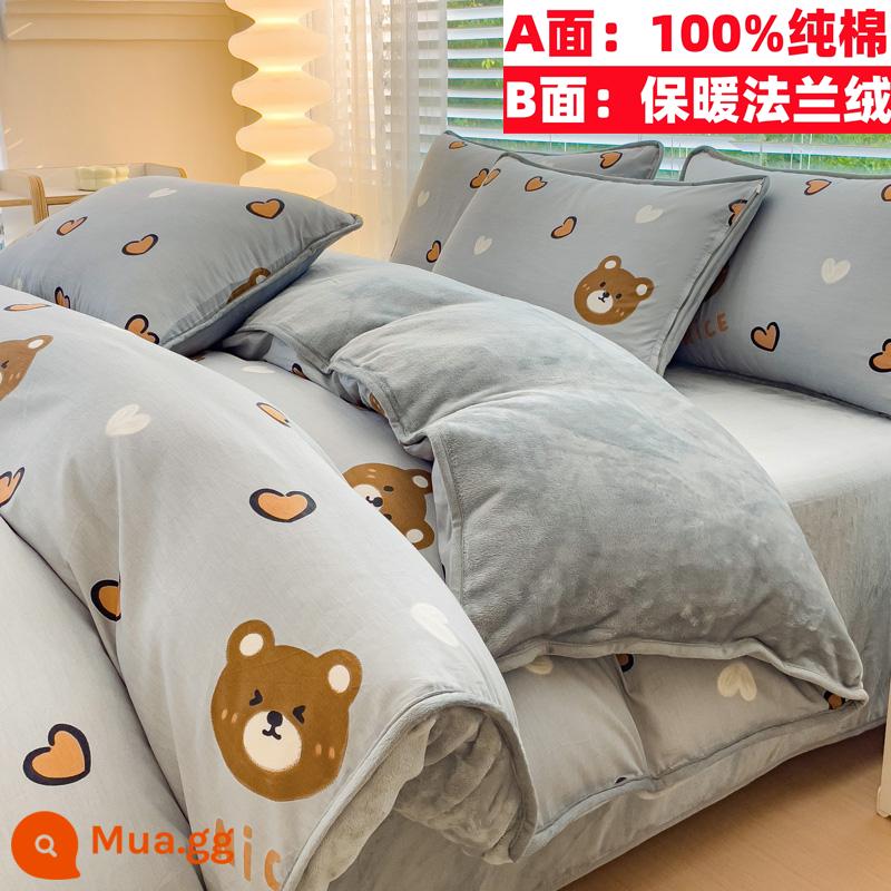 Cotton nguyên chất nhung một mặt vỏ chăn nỉ san hô flannel đơn ký túc xá sinh viên đơn người mùa đông trẻ em ab-mặt cotton - Gấu Domi (100% cotton và nhung)