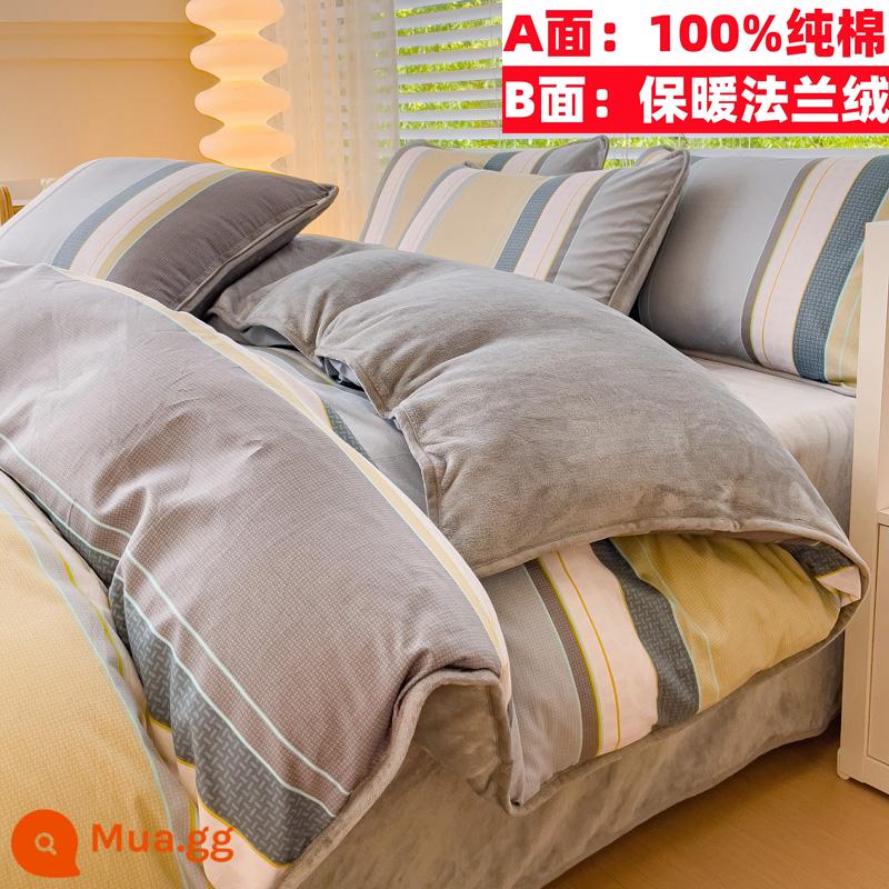 Cotton nguyên chất nhung một mặt vỏ chăn nỉ san hô flannel đơn ký túc xá sinh viên đơn người mùa đông trẻ em ab-mặt cotton - Lời nói đầu Xám (100% cotton cộng với nhung)