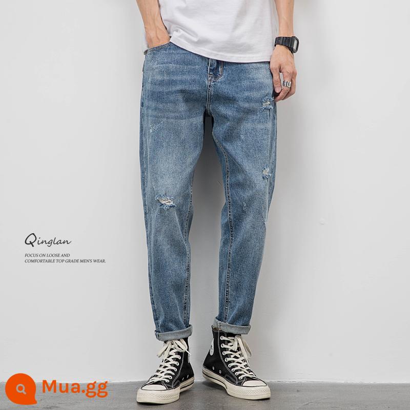 Chiếc quần denim màu sáng nam lỏng lẻo của đàn ông Thương hiệu Casual Tide Chín quần - Mô hình hố xanh 2030