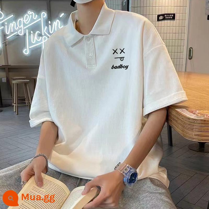 Áo sơ mi polo ngắn tay bằng cotton nguyên chất mùa hè dành cho nam thương hiệu hợp thời trang rộng rãi theo phong cách Hồng Kông thiết kế cảm giác thích hợp quần áo hàng đầu ins xu hướng áo thun - [mặt cười badboy] trắng