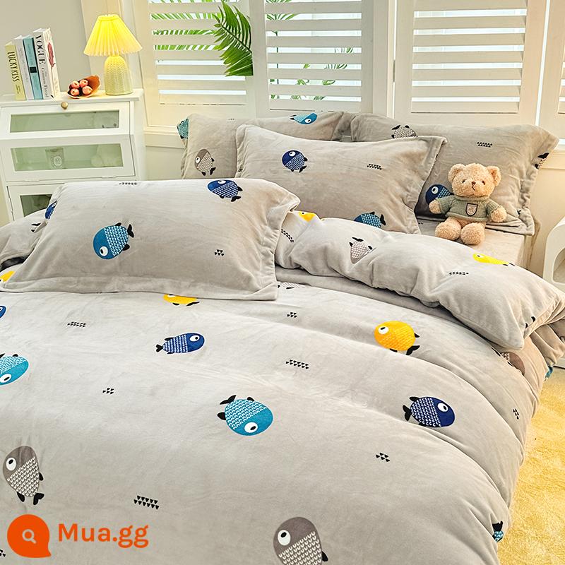 Một mét tám x hai mét cộng với lông cừu sữa cashmere 180x200 bốn mảnh mùa đông lông cừu dày hai mặt vỏ chăn 1 mét 8x2m - cá hạnh phúc