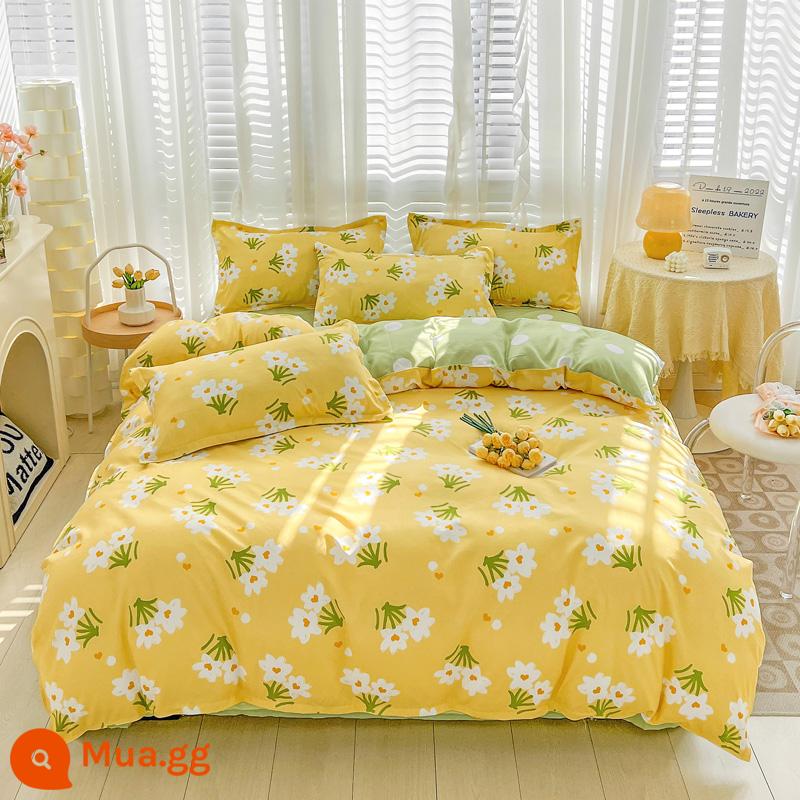 Lưới đỏ cotton nguyên chất 4 mảnh 100 ga trải giường cotton vỏ chăn 1.8 đôi vỏ chăn trải giường Bộ 4 món mùa thu và mùa đông nguồn cung cấp - Màu xanh hải quân Chun Hua Qiu Shi P