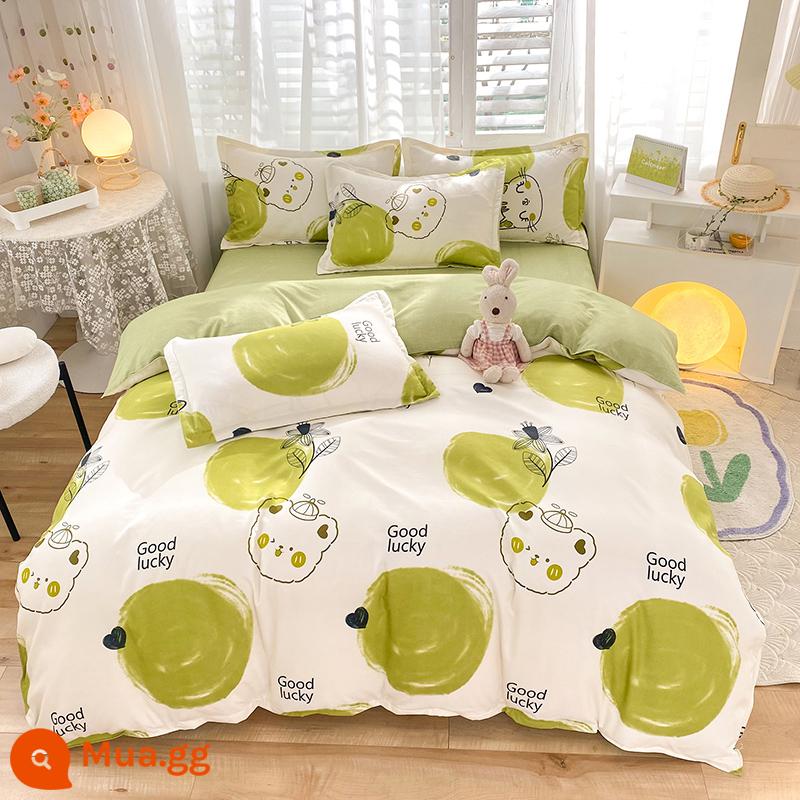 Lưới đỏ cotton nguyên chất 4 mảnh 100 ga trải giường cotton vỏ chăn 1.8 đôi vỏ chăn trải giường Bộ 4 món mùa thu và mùa đông nguồn cung cấp - Hoa hồng Đỏ Xanh Táo Y