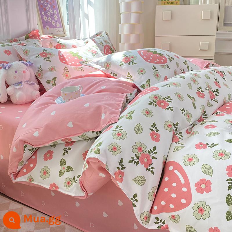 Lưới đỏ cotton nguyên chất 4 mảnh 100 ga trải giường cotton vỏ chăn 1.8 đôi vỏ chăn trải giường Bộ 4 món mùa thu và mùa đông nguồn cung cấp - Cyan Fendai Y