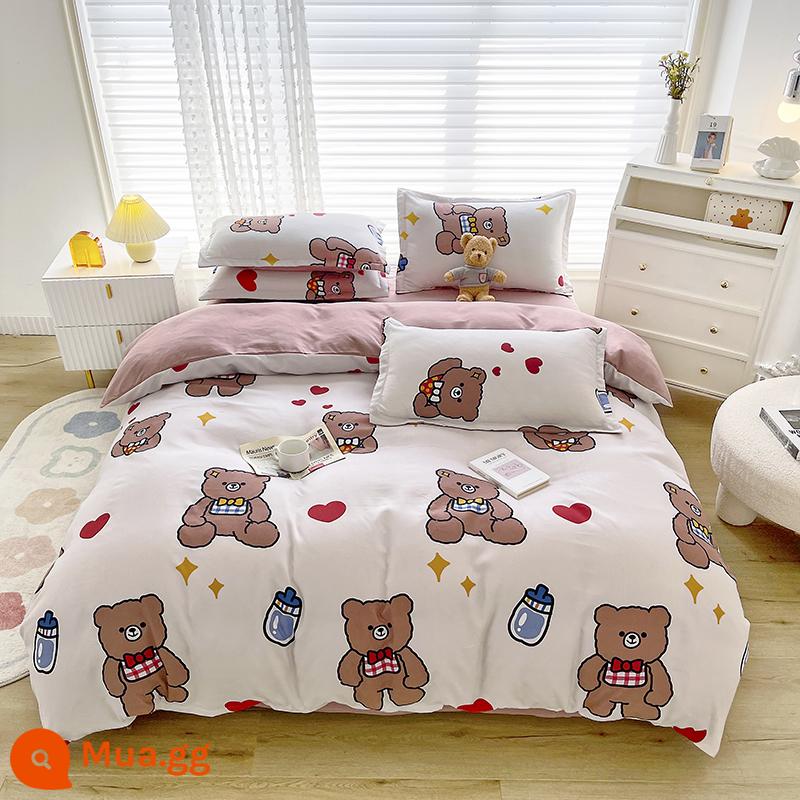 Lưới đỏ cotton nguyên chất 4 mảnh 100 ga trải giường cotton vỏ chăn 1.8 đôi vỏ chăn trải giường Bộ 4 món mùa thu và mùa đông nguồn cung cấp - gấu anh