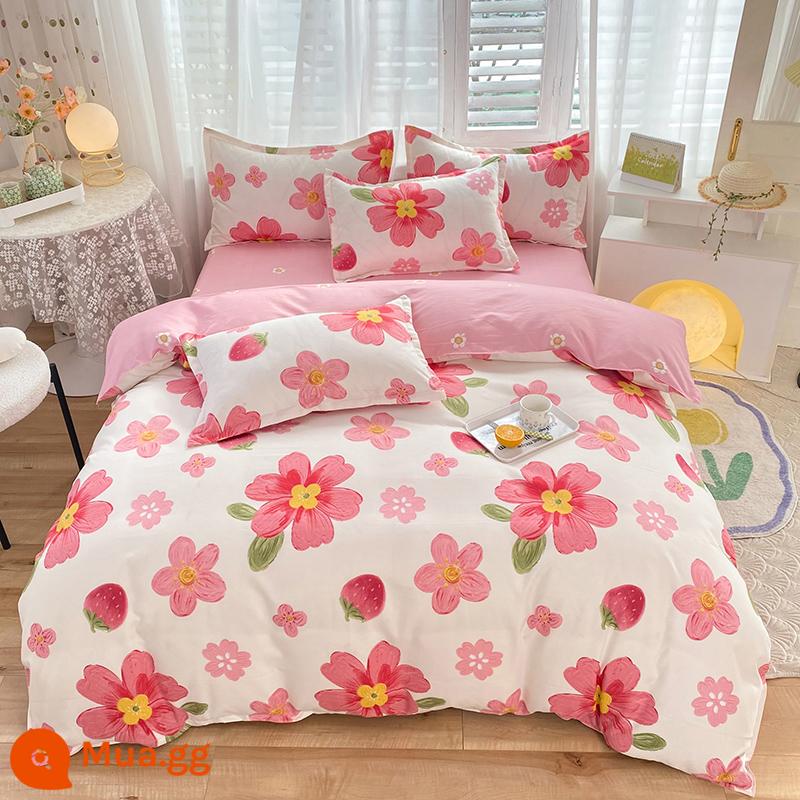 Lưới đỏ cotton nguyên chất 4 mảnh 100 ga trải giường cotton vỏ chăn 1.8 đôi vỏ chăn trải giường Bộ 4 món mùa thu và mùa đông nguồn cung cấp - Bột Tắm Vàng Gừng Gió Xuân Y