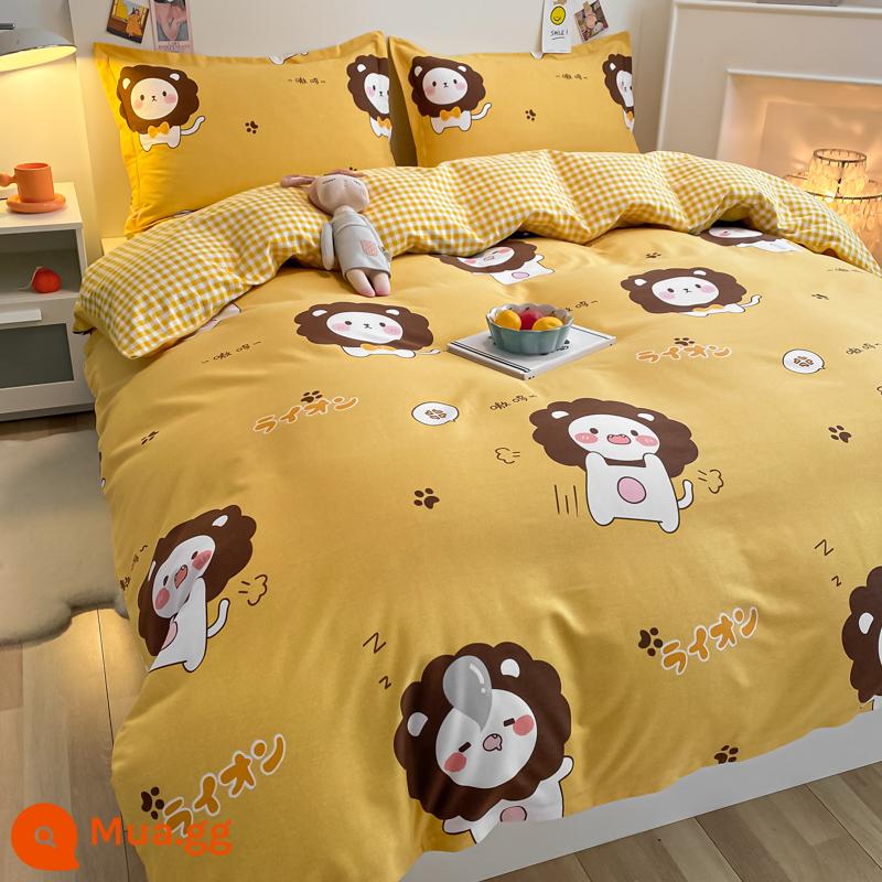 Cotton nguyên chất chải vỏ chăn đơn mảnh mùa thu đông đơn giản cotton dày đơn 1.5 đôi 200x230 vỏ chăn Bộ 4 món - Ông Sư Tử