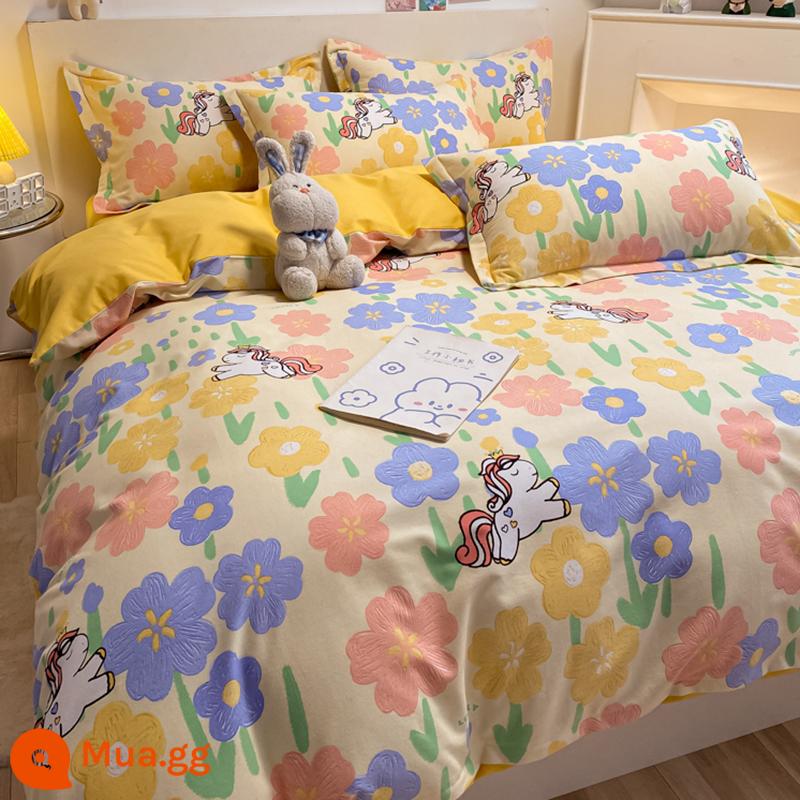 Cotton nguyên chất chải vỏ chăn đơn mảnh mùa thu đông đơn giản cotton dày đơn 1.5 đôi 200x230 vỏ chăn Bộ 4 món - Như một giấc mơ