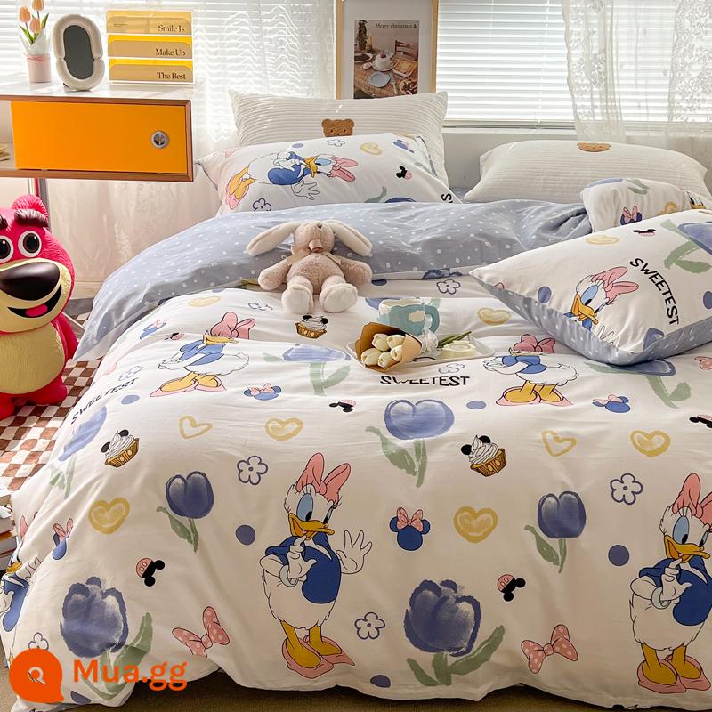 Disney Hoạt Hình Mickey Giường Cotton Nguyên Chất Bộ 4 Bộ 100 Bộ Chăn Ga Gối Cotton Bốn Mùa Đa Năng Vỏ Chăn ga Trang Bị Ga - Tulip Bạn Bè [Bông]