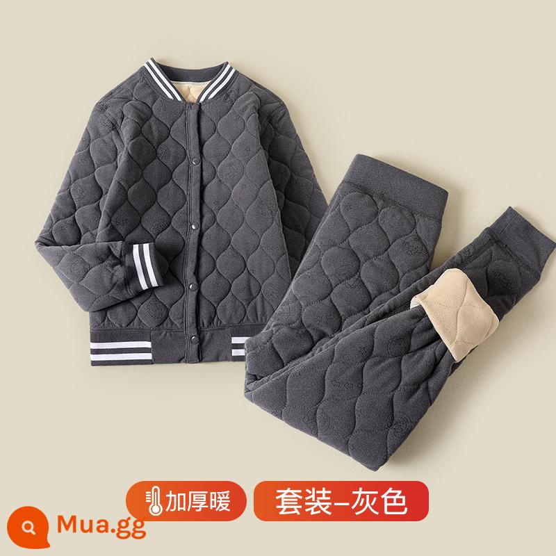 Đồng phục hiện vật trẻ em bông áo lót bên trong mùa đông nhung dày ấm áo quần áo cotton bé gái làm nóng quần áo và quần - [Xám cơ bản] Bộ đồ tạo tác đồng phục học sinh bằng len, chịu lạnh -20oC