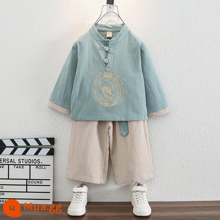 Bé Trai Hanfu Mùa Hè Bé Trai Áo Sơ Mi Tay Ngắn Phù Hợp Với 2023 Quốc Gia Mới Phong Cách Cổ Trang Phục Trẻ Em Quần Áo Mùa Thu Thầy Trẻ Trung Quốc Đường phù Hợp Với - Xanh 01 dài tay