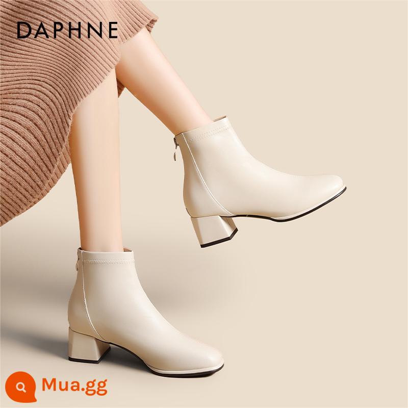 Daphne Da Cổ Ngắn Giày Bốt Nữ 2022 Mới Thu Đông Plus Nhung Pháp Nude Giày Tất Cả Trận Đen Mỏng giày Bốt Nữ - Màu trắng nhạt [lớp lót đơn]