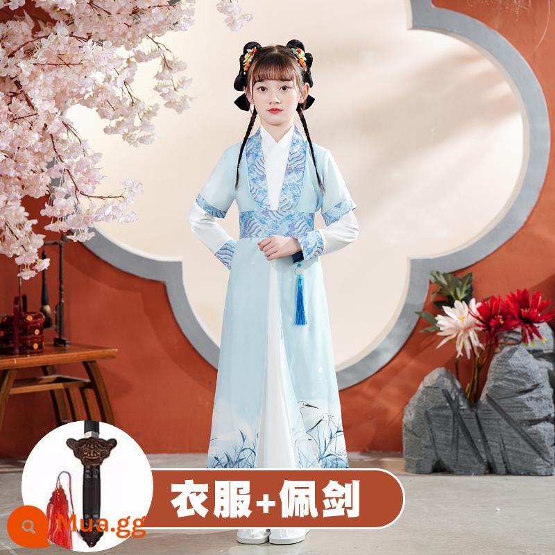 Quần áo trường học quốc gia dành cho trẻ em Hanfu Nam sinh mùa hè Trang phục kinh ba nhân vật Cô gái Ngày thiếu nhi Tang Suit Học sinh tiểu học Sách trẻ em Trang phục cổ đại - Cần cẩu khăn choàng bên ngoài và trang phục bên trong dành cho nữ + kiếm