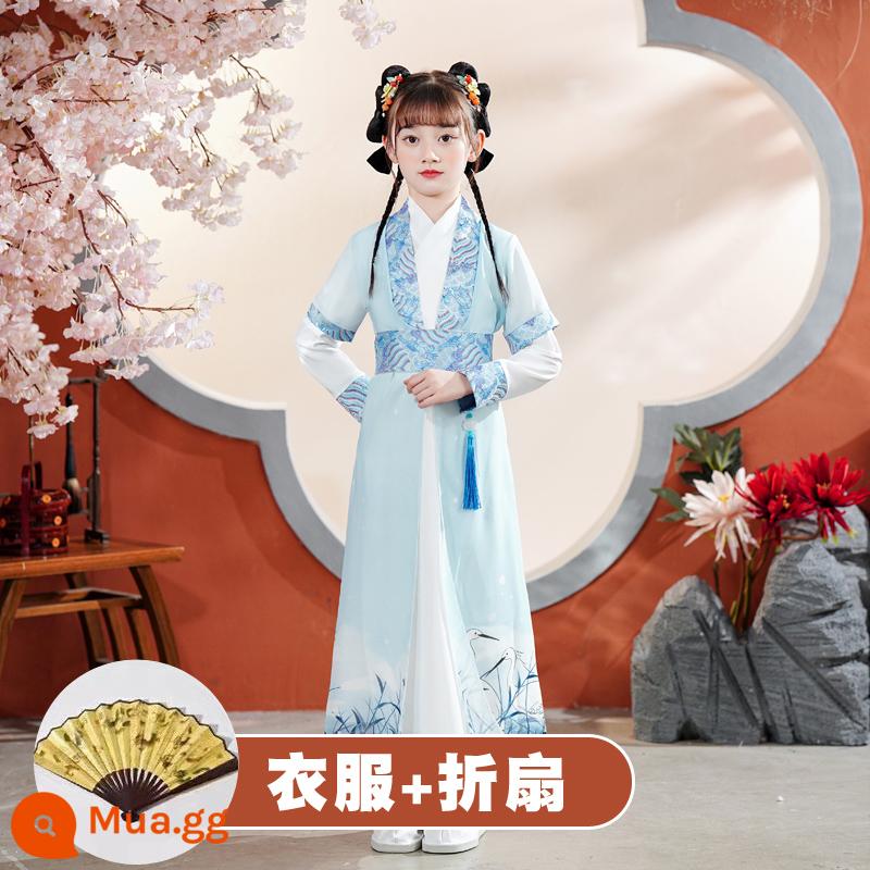 Quần áo trường học quốc gia dành cho trẻ em Hanfu Nam sinh mùa hè Trang phục kinh ba nhân vật Cô gái Ngày thiếu nhi Tang Suit Học sinh tiểu học Sách trẻ em Trang phục cổ đại - Khăn choàng hạc cho nữ + quạt