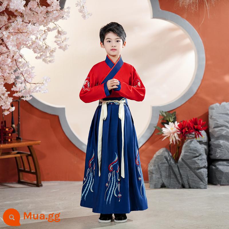 Quần áo trường học quốc gia dành cho trẻ em Hanfu Nam sinh mùa hè Trang phục kinh ba nhân vật Cô gái Ngày thiếu nhi Tang Suit Học sinh tiểu học Sách trẻ em Trang phục cổ đại - Phong cách nam với thân trên màu đỏ và tay áo thẳng màu xanh nước biển