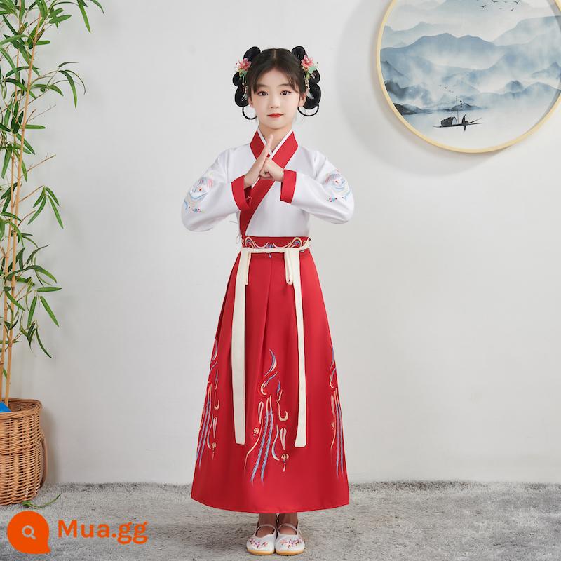 Quần áo trường học quốc gia dành cho trẻ em Hanfu Nam sinh mùa hè Trang phục kinh ba nhân vật Cô gái Ngày thiếu nhi Tang Suit Học sinh tiểu học Sách trẻ em Trang phục cổ đại - Mẫu nữ, tay áo thẳng màu đỏ trên và dưới màu trắng, mũ đội đầu miễn phí