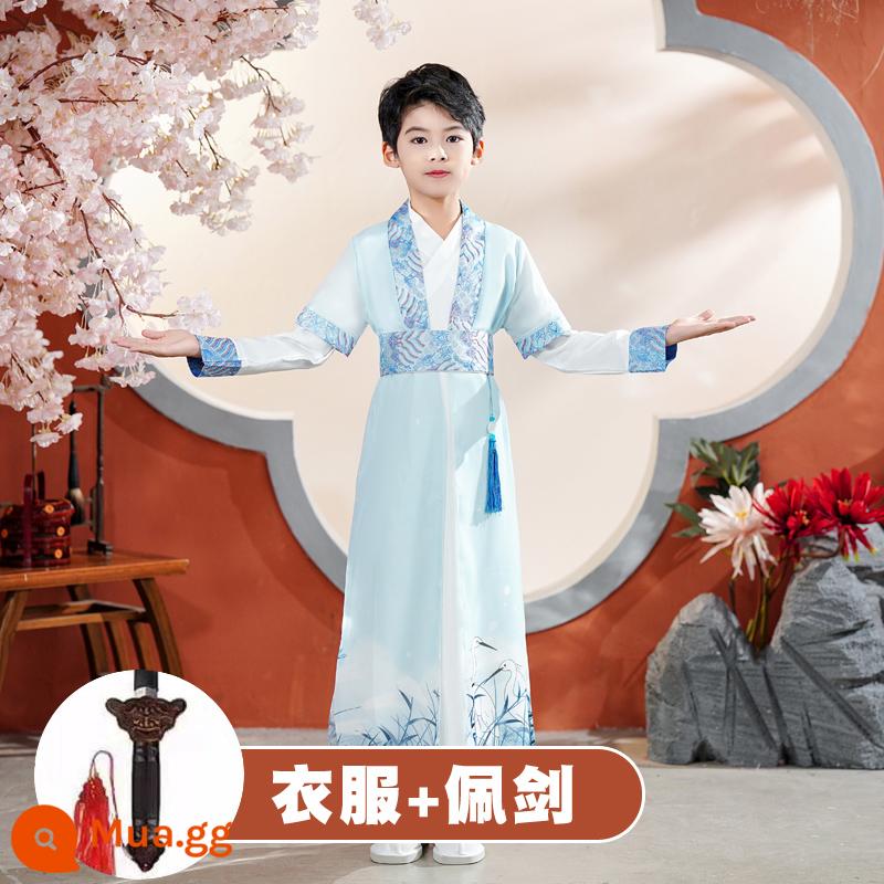 Quần áo trường học quốc gia dành cho trẻ em Hanfu Nam sinh mùa hè Trang phục kinh ba nhân vật Cô gái Ngày thiếu nhi Tang Suit Học sinh tiểu học Sách trẻ em Trang phục cổ đại - Cần cẩu bên ngoài khăn choàng và bên trong phong cách nam + kiếm