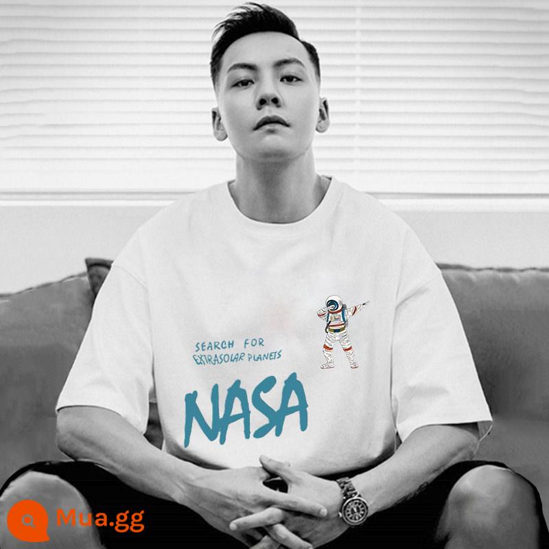 NASA doanh phong cách Mỹ nặng 220g cotton mùa hè Trung Quốc triều T-shirt nam ngắn tay T-shirt nửa tay đáy áo sơ mi - 861 trắng