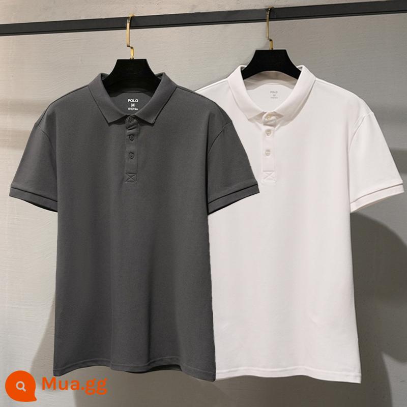 Áo sơ mi POLO cotton lụa băng nam ngắn tay quần áo mùa hè cao cấp tùy chỉnh theo phong cách đơn giản của Nhật Bản ve áo nam Áo thun polo Ralph Lauren - Xám carbon + trắng