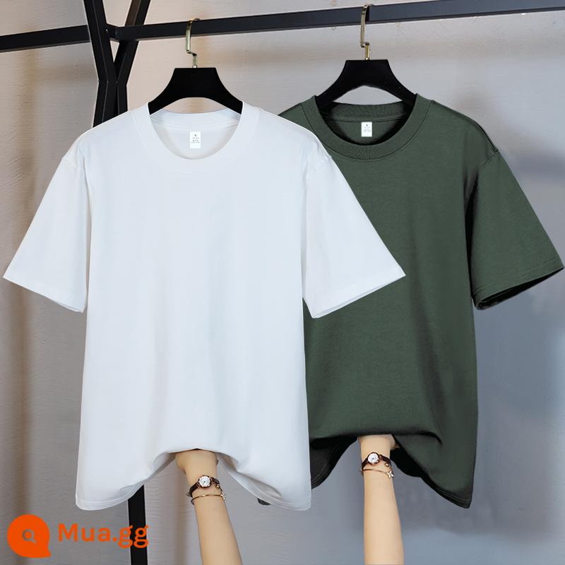 Mua một tặng một Áo sơ mi cộc tay nặng bằng cotton nguyên chất Tân Cương cho nam màu trơn Áo thun trắng ngắn tay tinh khiết Áo thun trắng mùa hè - Trắng + xanh đậm (màu trắng nhỏ số 1)