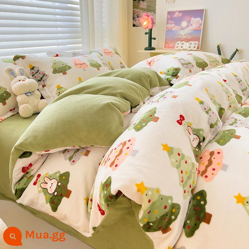 Sữa MUJI Nhung Giường 4 Bộ Nhung San Hô Mùa Đông Plus Nhung Giường Vỏ Chăn Dép Nỉ Sang Trọng Chăn Ga Gối - Cây thông Noel [dày và nhung để giữ nhiệt và giữ ấm]