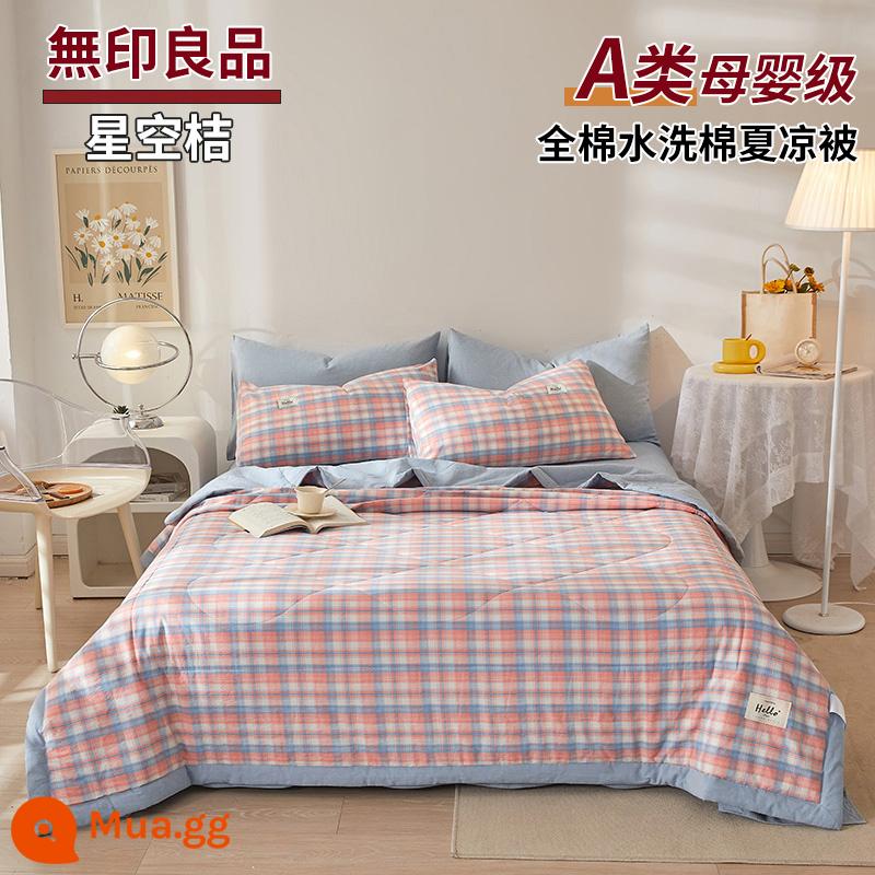 MUJI cotton cotton có thể giặt được chăn mỏng mùa hè chăn bông nguyên chất thoáng mát chăn bốn món điều hòa không khí chăn mùa hè có thể giặt bằng máy - Bầu trời đầy sao màu cam [Bông loại A dành cho bà mẹ và trẻ sơ sinh]