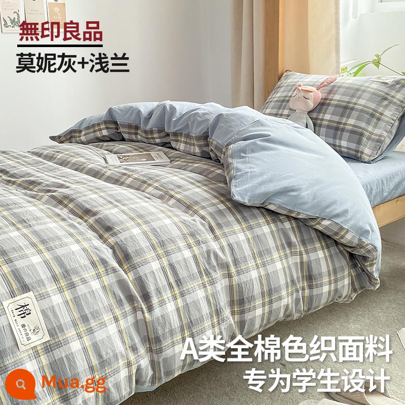 MUJI sinh viên đại học ký túc xá giường 3 bộ cotton nguyên chất ga giường đơn vỏ chăn ga gối 4 Bộ 6 - Xám Moni + Xanh nhạt [Loại A 100% cotton đã giặt, thân thiện với da và có thể khỏa thân khi ngủ]