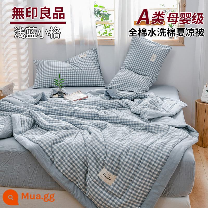 MUJI cotton cotton có thể giặt được chăn mỏng mùa hè chăn bông nguyên chất thoáng mát chăn bốn món điều hòa không khí chăn mùa hè có thể giặt bằng máy - Lưới nhỏ màu xanh nhạt [100% cotton loại A dành cho bà mẹ và trẻ sơ sinh]